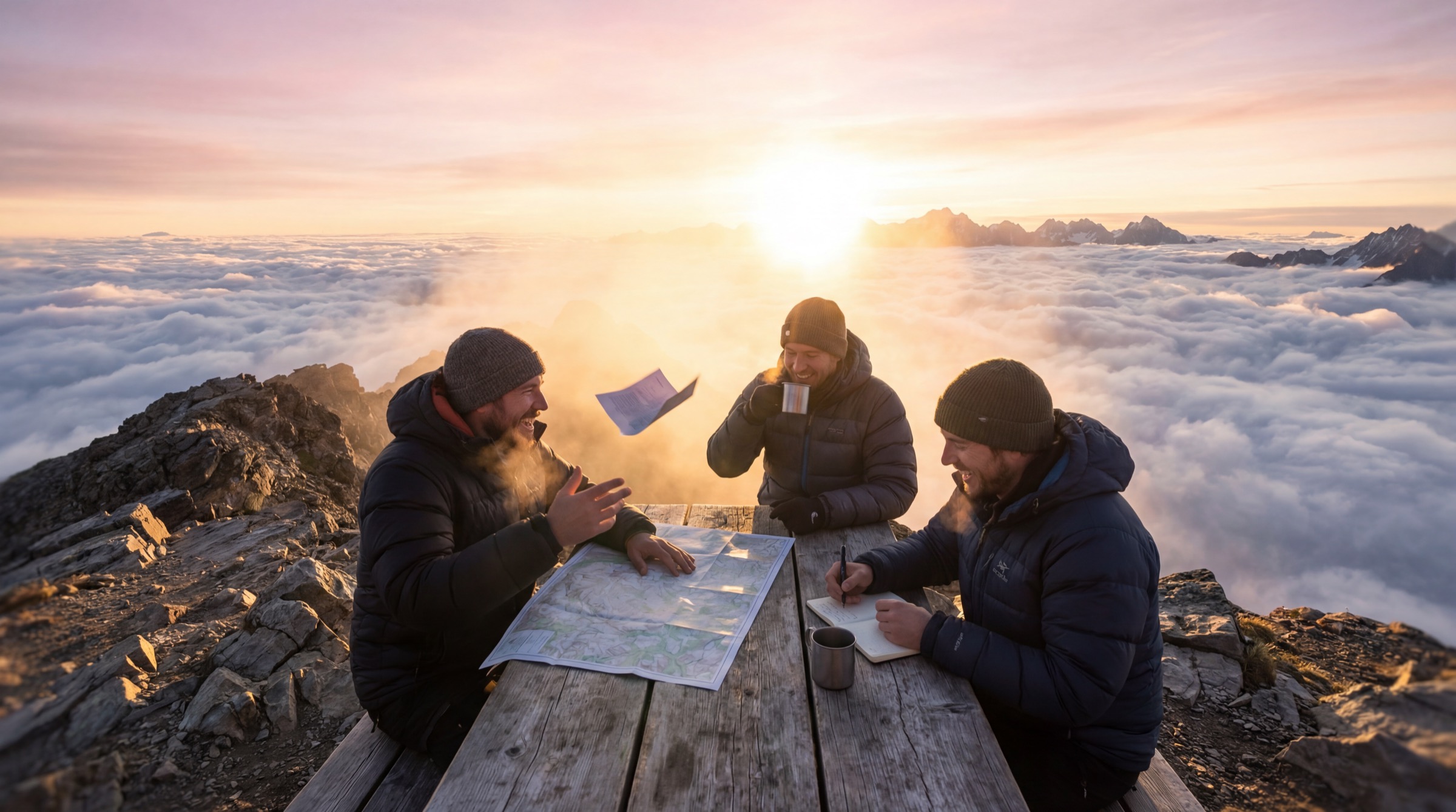 Three men planning at a table above the clouds